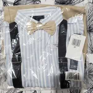 Tahari Toddler Boy's Blue Striped Shirt with Tan Bow Tie and Black Suspenders